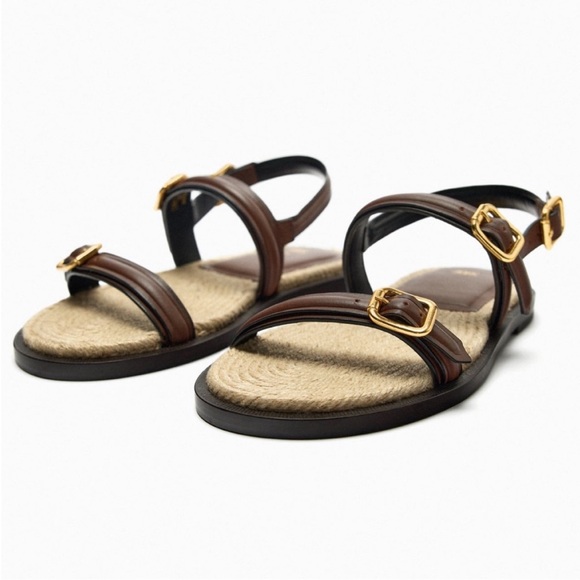 Zara Brown Sandals with Gold Accents Size 39 - Picture 4 of 12